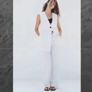 Zara Womens Bloggers Favorite Casual Stripes Linen Trouser Pants White Size XL